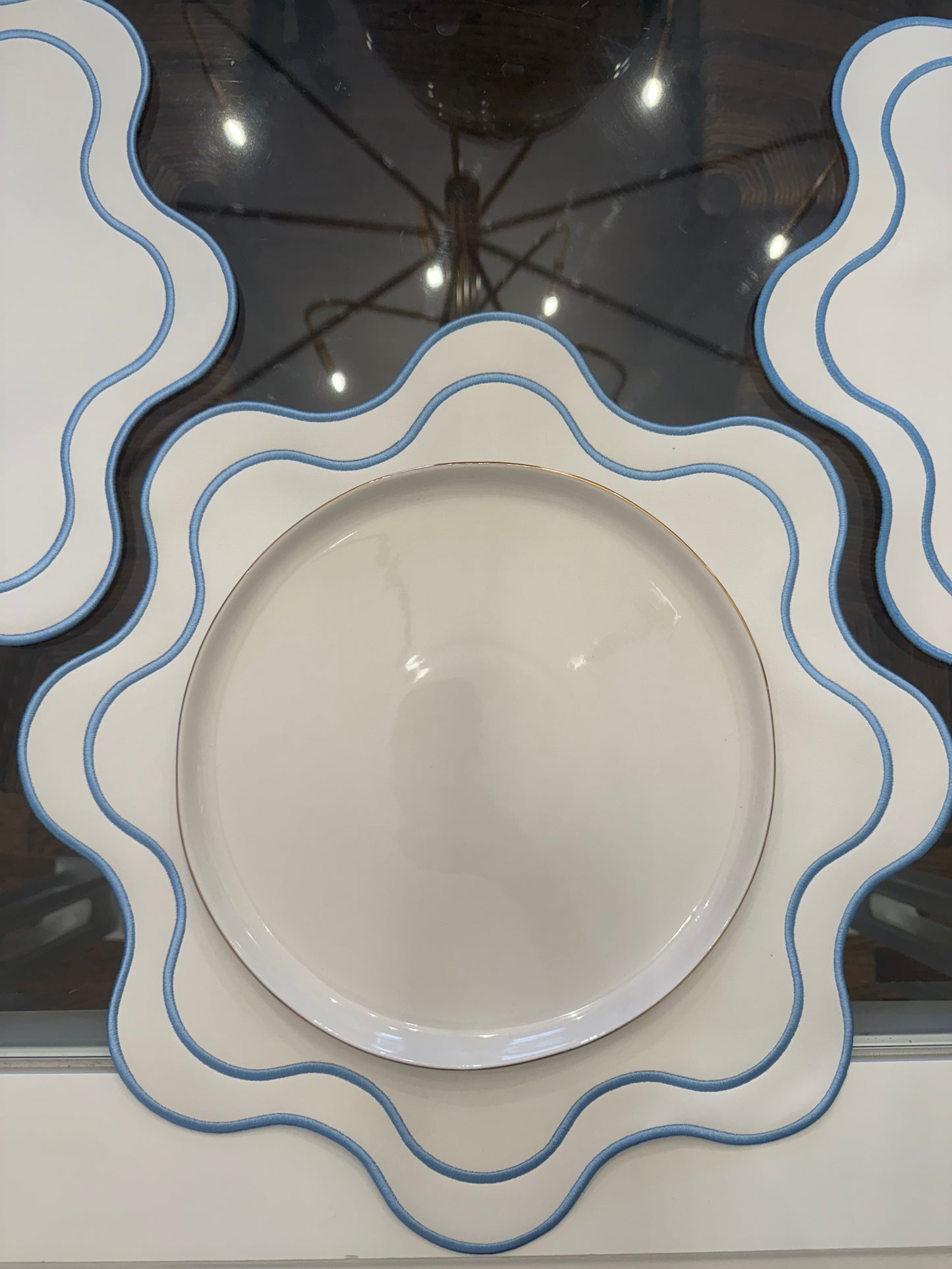 White Vinyl Scalloped with Blue Stitching Placemat- Set of Two