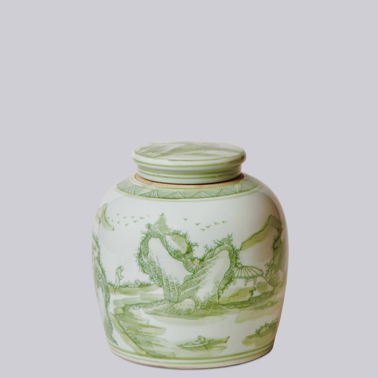 Landscape Green and White Porcelain Lidded Jar