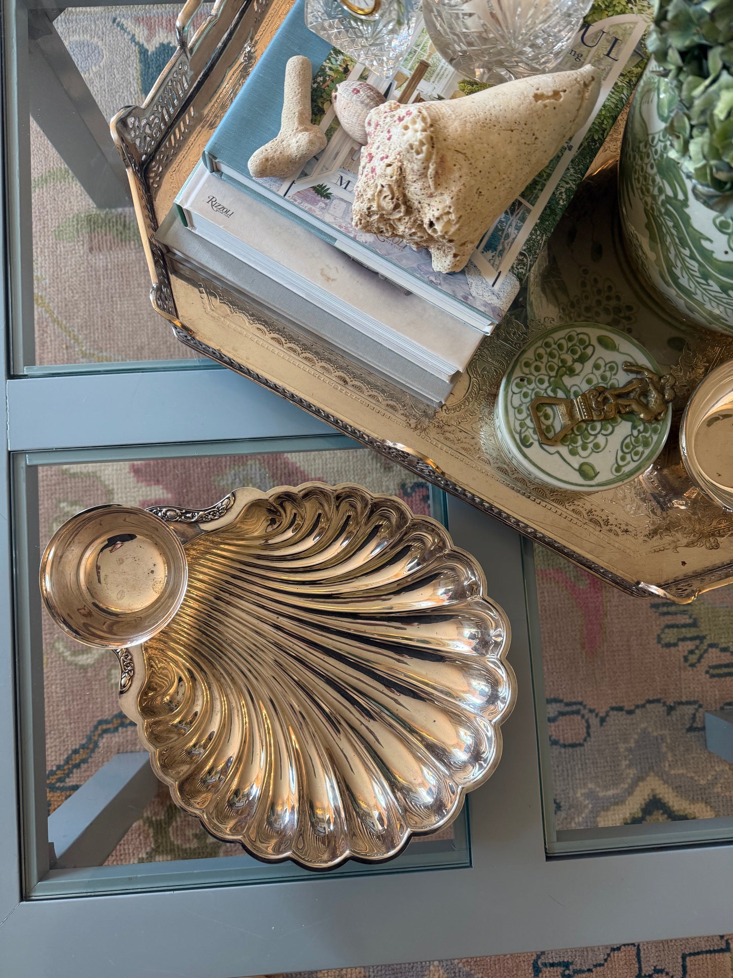 Large Silver Plated Clam Shell Appetizer Dish With Dip Bowl