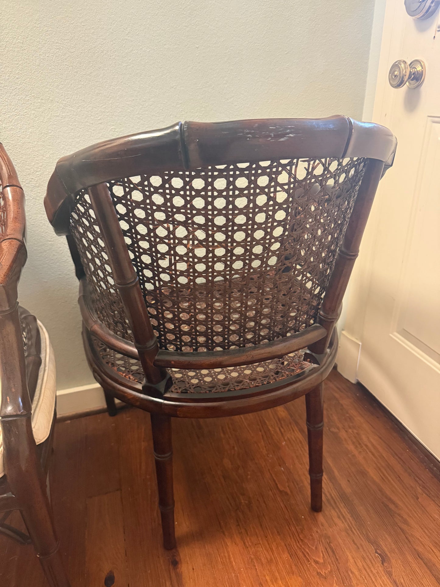 Pair of faux bamboo barrel back chairs