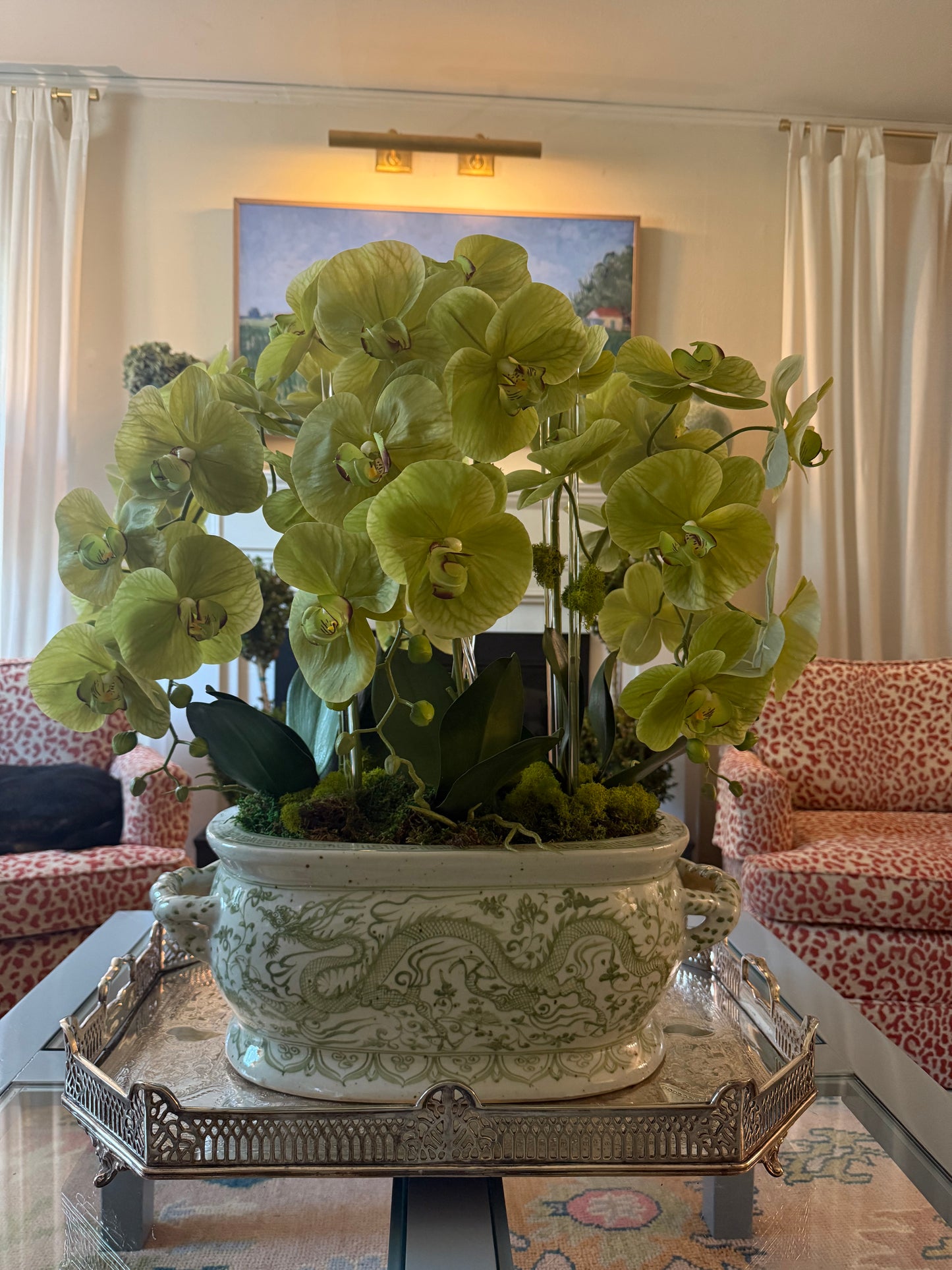 PREORDER- Green and White Porcelain Footbath Planter W/ Silk  Orchids