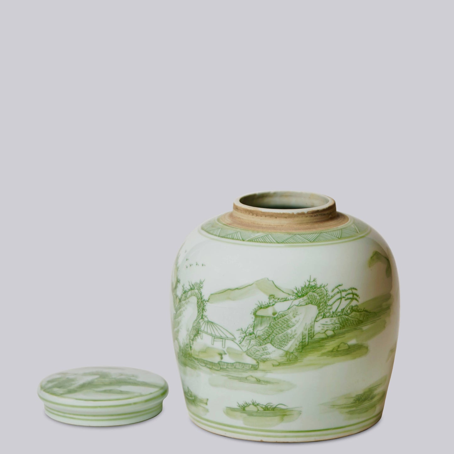 Landscape Green and White Porcelain Lidded Jar