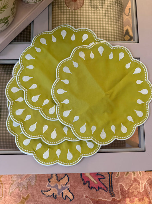 Droplet Green Scalloped with Blue Stitching Placemat- Set of Two