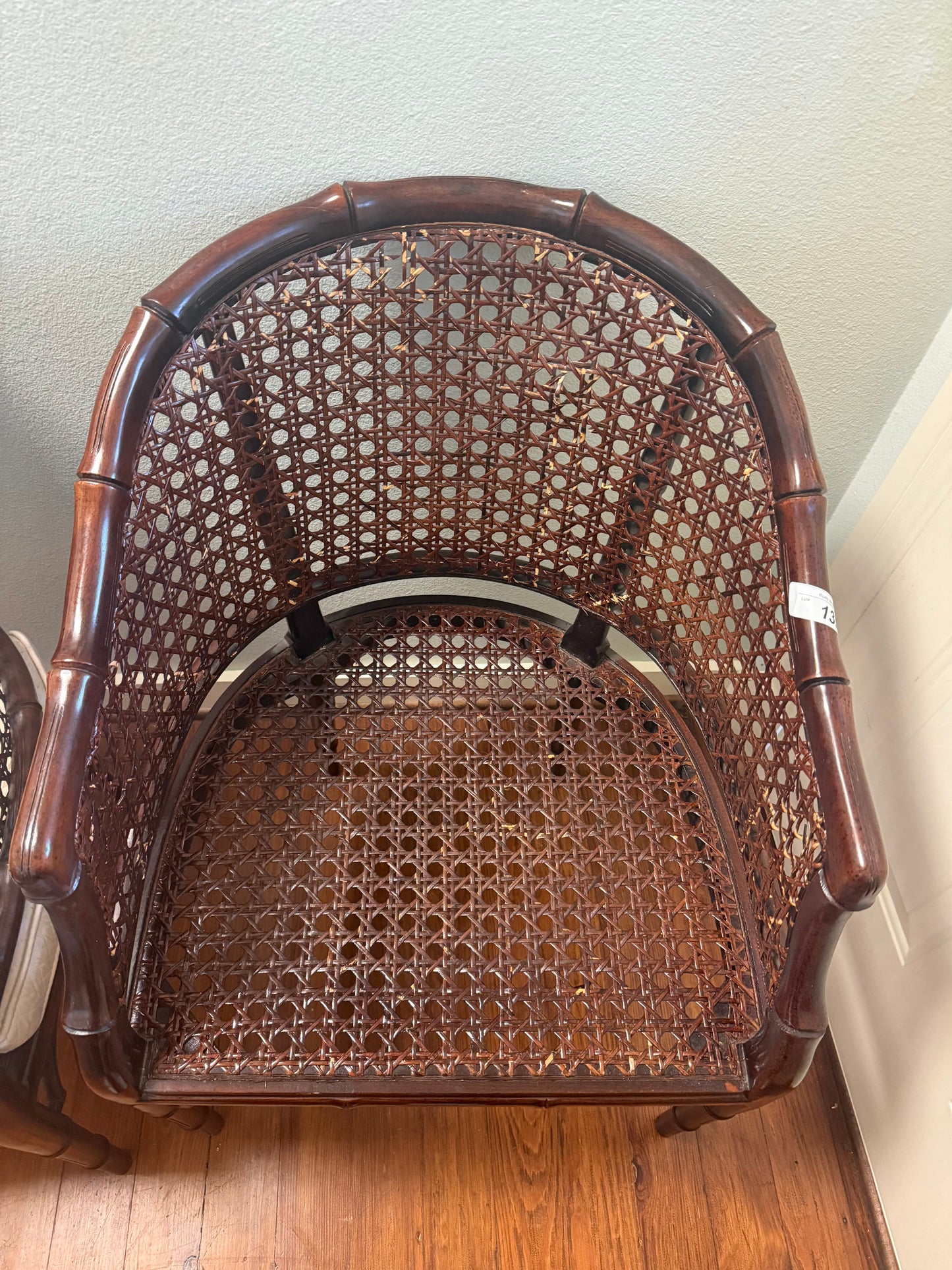 Pair of faux bamboo barrel back chairs