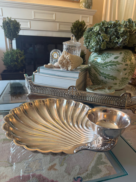 Large Silver Plated Clam Shell Appetizer Dish With Dip Bowl
