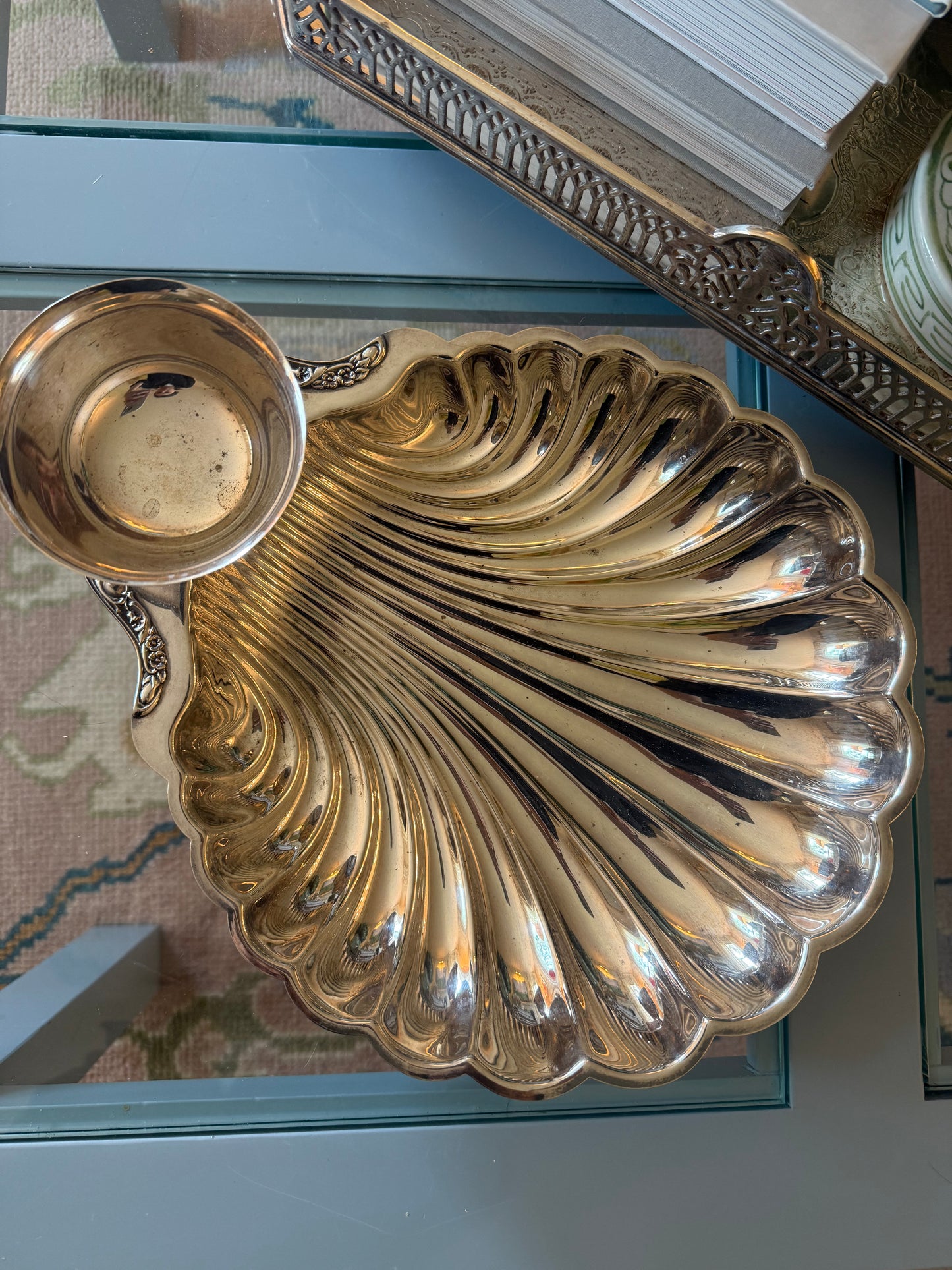 Large Silver Plated Clam Shell Appetizer Dish With Dip Bowl