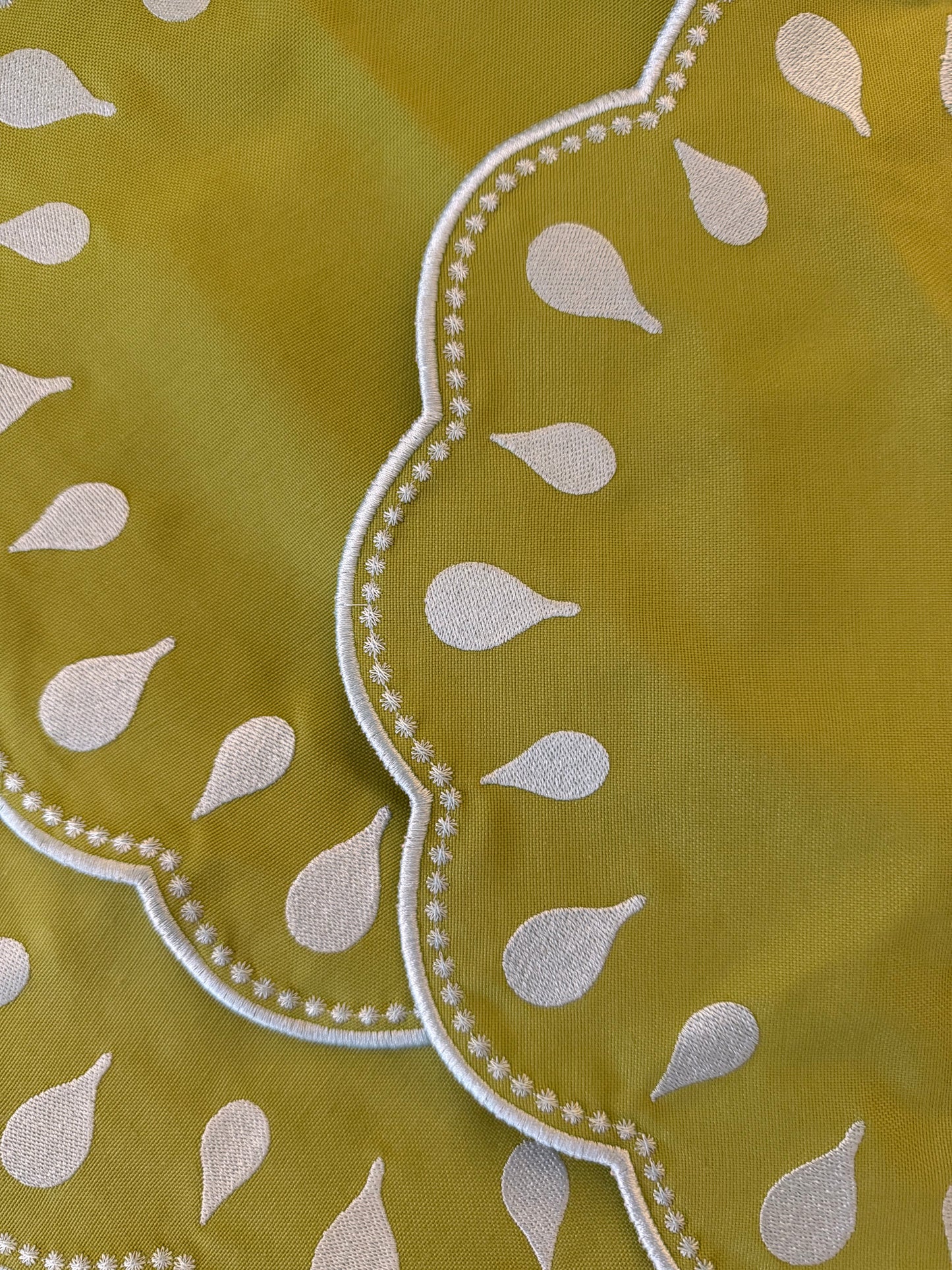 Droplet Green Scalloped with Blue Stitching Placemat- Set of Two