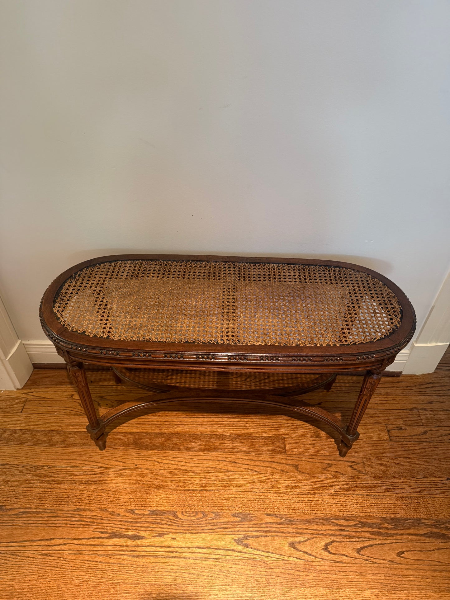 French Louis XVI Style Walnut Bench with Cane Seat