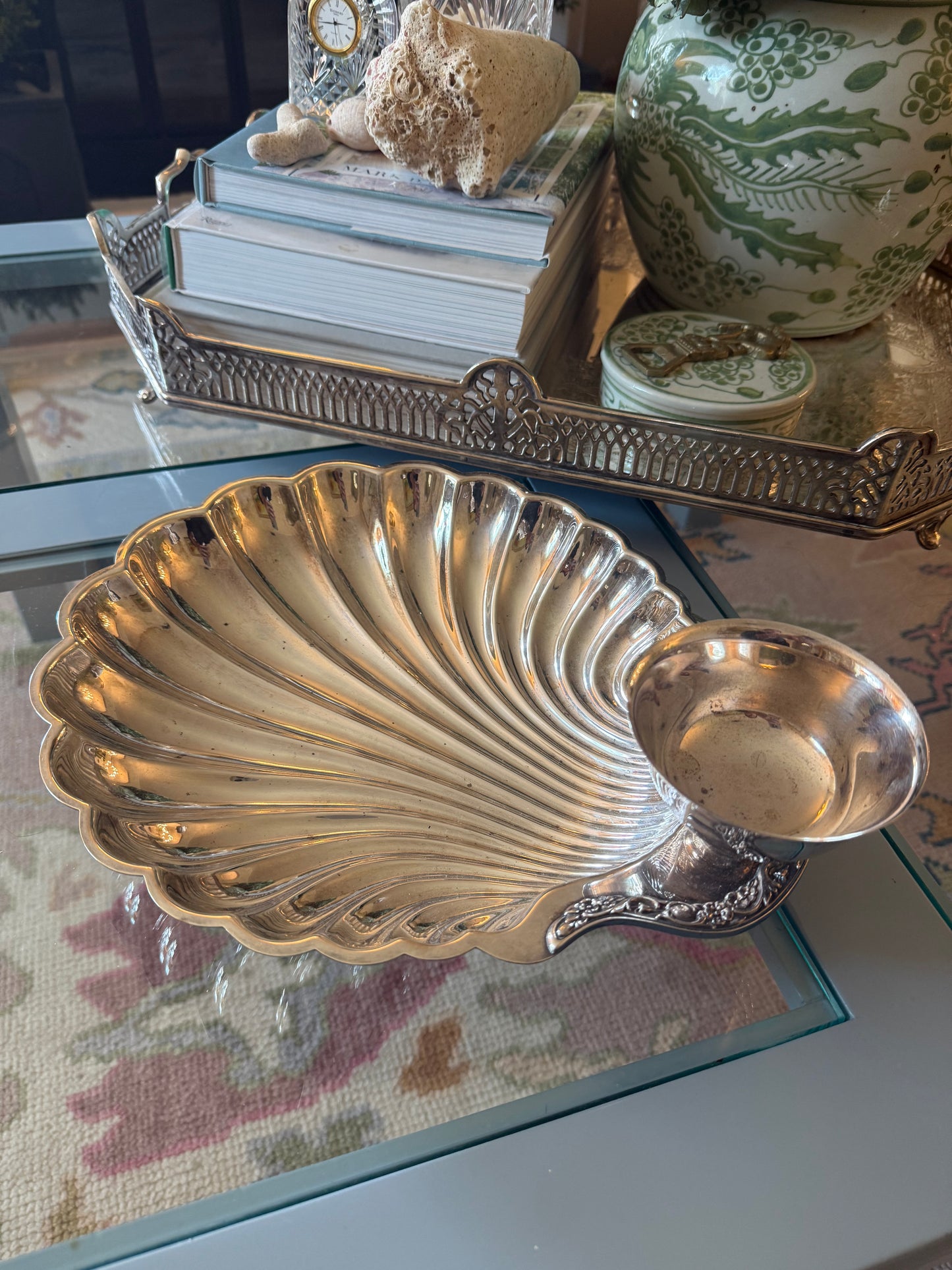 Large Silver Plated Clam Shell Appetizer Dish With Dip Bowl