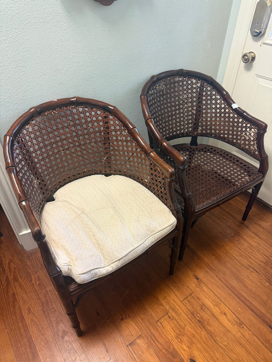 Pair of faux bamboo barrel back chairs