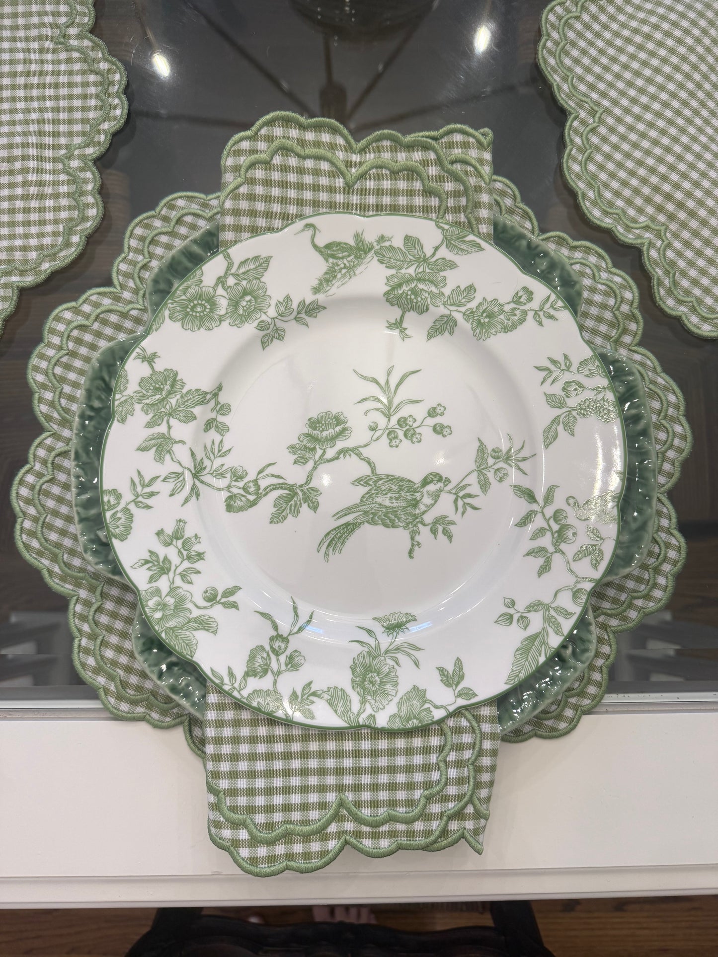 Magnolia Green Gingham handmade placemats- Round Set of Two