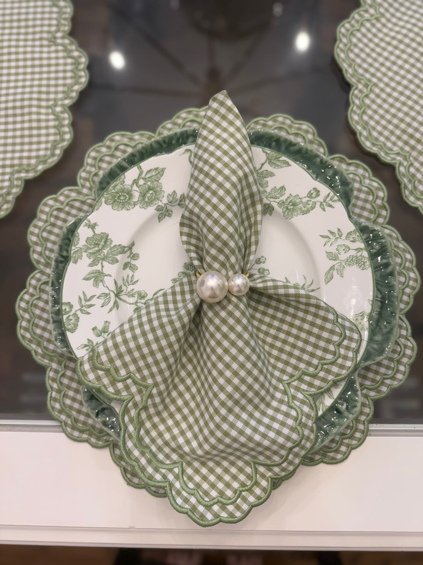Magnolia Green Gingham handmade placemats- Round Set of Two