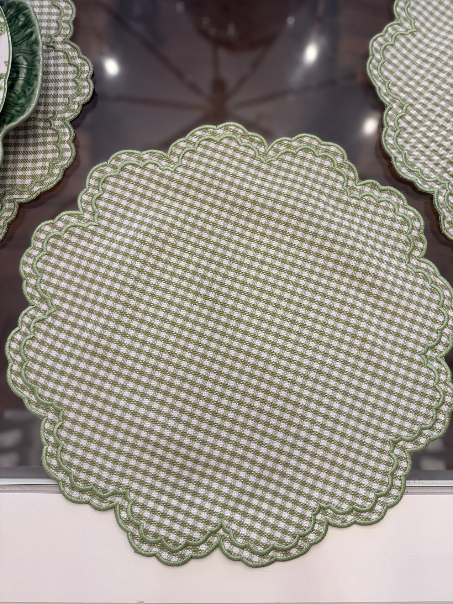 Magnolia Green Gingham handmade placemats- Round Set of Two