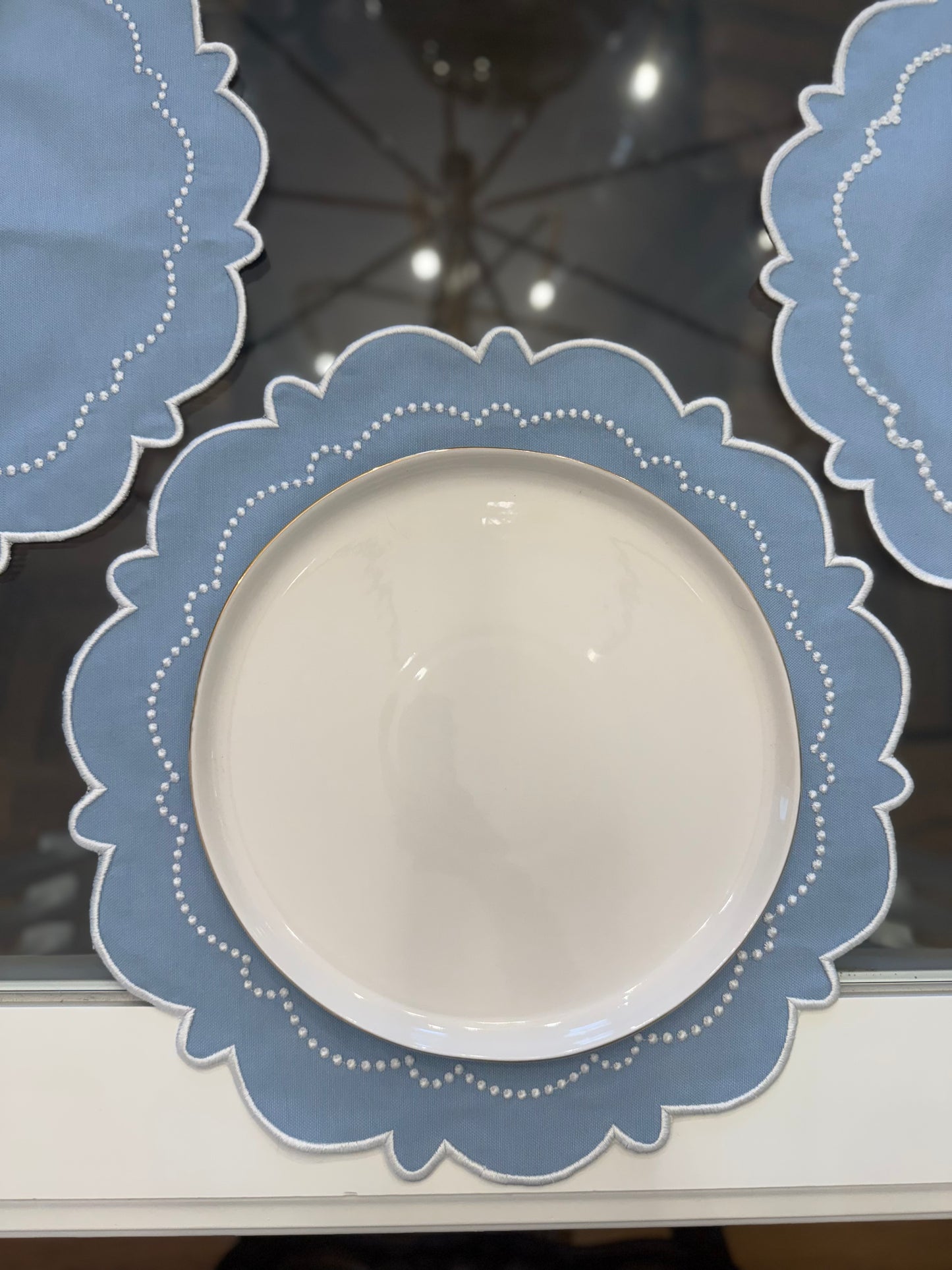 Baby Blue With White Stitching Scalloped Placemat- Set of Two