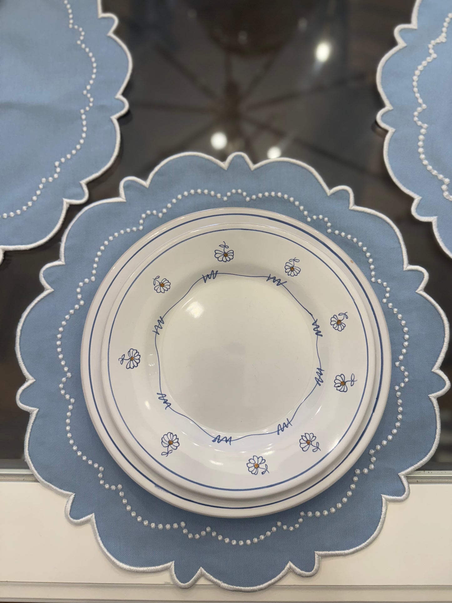Baby Blue With White Stitching Scalloped Placemat- Set of Two