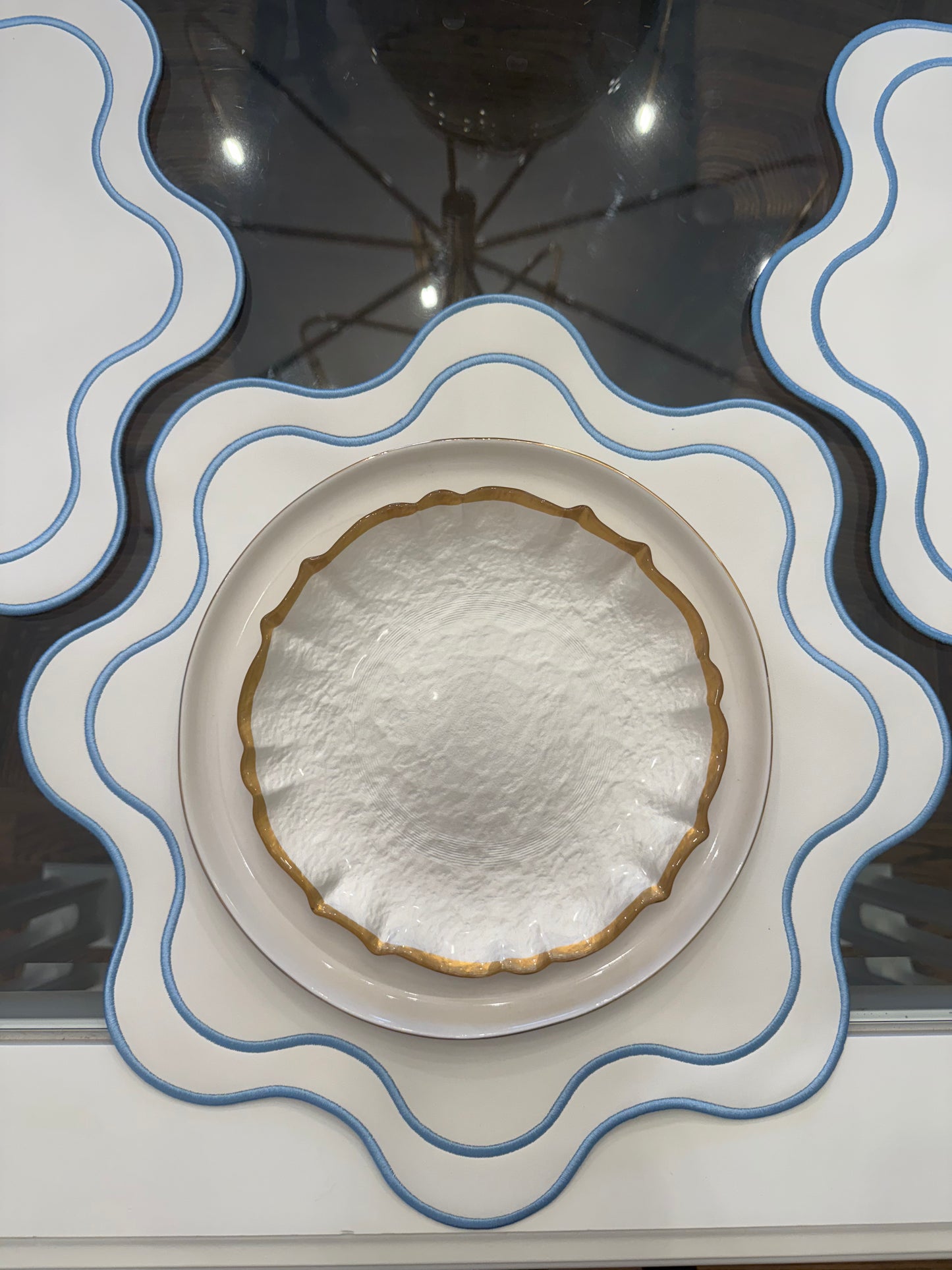 White Vinyl Scalloped with Blue Stitching Placemat- Set of Two