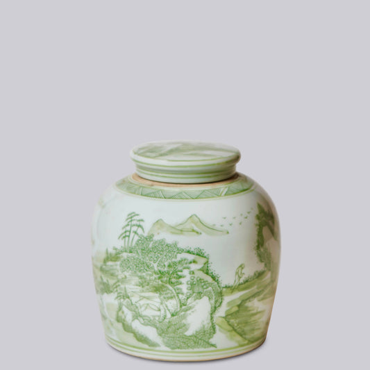 Landscape Green and White Porcelain Lidded Jar